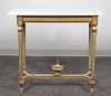 A Louis XVI Style Painted and Parcel Gilt Console Table Height 31 1/2 x width 30 3/4 x depth 11 inches (base).