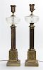 * A Pair of Brass and Cut Glass Oil Lamp Bases Height overall 26 inches.