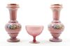 Three Pink Opaline Glass Articles Height of vase 11 3/8 inches.