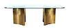 * A Mastercraft Brass and Glass Double Pedestal Table, Height 28 1/2 x width 84 x depth 48 inches.