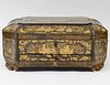 EXPORT GILT CHINOISERIE DECORATED BLACK LACQUERED SEWING BOX