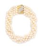 An 18 Karat Yellow Gold, Diamond and Cultured Pearl Multistrand Necklace,