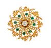 A 14 Karat Yellow Gold, Diamond, Emerald and Seed Pearl Leaf Motif Star Burst Pendant/Brooch, 5.70 dwts.