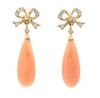 * A Pair of Yellow Gold, Coral and Diamond Bow Motif Earrings, 6.00 dwts.