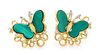 * A Pair of 18 Karat Yellow Gold, Diamond and Malachite Butterfly Motif Earclips, 9.30 dwts