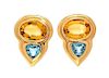 * A Pair of 14 Karat Yellow Gold, Citrine and Blue Topaz Earclips, 8.70 dwts.