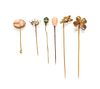 * A Collection of Vintage Yellow Gold, Seed Pearl, Coral, Diamond and Enamel Stick Pins, 8.70 dwts.