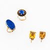 Two 14kt Gold and Lapis Rings and Citrine Earrings