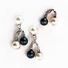 White Gold, Cultured Pearl, and Diamond Earrings and Pendant