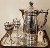 VICT WILCOX SILVERPLATE SWAN MOTIF TRAY 17" X 13 1/2", WATER PITCHER 13 1/2" & PR. GOBLETS