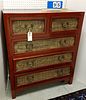 CHINESE RED LAQUER & RATTAN 5 DRAWER CHEST 41 1/2"H X 35 1/2"W X 17"D