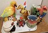 TRAY CERAMICS- FITZ AND FLOYD PARROT PITCHER, FITZ AND FLOYD BOY W/ TURBIN CONTAINER, PARROT COOKIE JAR, GOOSE PITCHER ETC