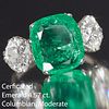 IMPORTANT CERTIFICATED 4.57 CT. COLOMBIAN EMERALD AND DIAMOND 3-STONE RING