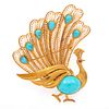 Turquoise, 14k Yellow Gold Peacock Pin