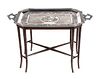 A Decorative Silverplate Tray on Bamboo Stand, Height 21 x width 34 x depth 20 inches.