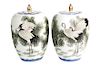 A Pair of Japanese Porcelain Ovoid Form Covered Vases Height 12 inches.