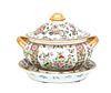 A Chinese Export Famille Rose Porcelain Covered Tureen and Underplate Height 10 1/2 inches.
