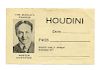 Houdini, Harry. Houdini Show Free Pass. Circa 1922. Unused free pass bears a well-known portrait of