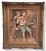 Signed Impersonalist Oil On Painting Child Playing Violin