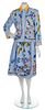 An Hermes Blue Cotton Floral Skirt Ensemble, Blouse size 36, skirt size 40.