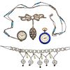 THREE LADIES ENAMELED SILVER WATCHES & FRINGE NECKLACE