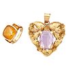 YELLOW GOLD & AMETHYST OR CITRINE BROOCH & RING