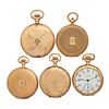 FIVE AMERICAN OR SWISS YELLOW GOLD POCKET WATCHES