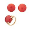 OXBLOOD CORAL YELLOW GOLD RING & EARRINGS