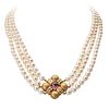 CULTURED PEARL, GEM & DIAMOND SET & YELLOW GOLD NECKLACE