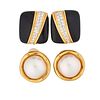 TWO PAIRS BLACK OR WHITE YELLOW GOLD GEM-SET EARRINGS