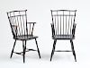 PAIR OF REPRODUCTION BIRDCAGE WINDSOR ARMCHAIRS IN BLACK PAINT, BY D. R. DIMES