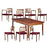 MOLLER; SKOVBY Dining table and seven chairs