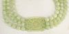 Chinese Three Strand Celadon Jade Bead Necklace with Carved Celadon Jade Panel.