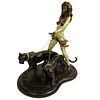 Contemporary Bronze Sculpture on Marble Base "Woman With Two Panthers"