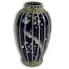 Vintage Japanese Glazed Pottery Vase With Basket weave Silver Overlay.