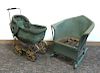 Antique Wicker Childs Rocker And Doll Carriage