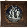 SIMÓN CIRINEO AYUDA A CRISTO A LLEVAR LA CRUZ  EUROPA, SIGLO XIX  Esmalte pintado sobre placa de porcelana. 27 cm de diámetro