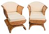 Pair of Birdseye Maple and Leather Armchairs and Ottomans