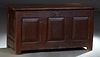 Large French Provincial Carved Oak Coffer, early 19th c., stepped rectangular top over a front with three rectangular fielded panels, on block legs, H