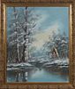 R. Willa, "Winter Scene," 20th/21st c., oil on canvas, signed indistinctly lower right, presented in a gilt frame, H.- 23 1/4 in., W.- 19 1/2 in., Fra