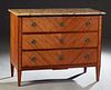 French Louis XVI Style Crotched Mahogany Marble Top Commode, 20th c., the ogee edge ocher Breche d'Alpes marble over three deep drawers flanked by inl