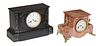 Two French Marble Mantel Clocks, c. 1880, one of stepped rouge marble with gilt spelter mounts, over a painted enamel dial time and strike clock, pain