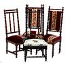 Set of Four French Louis XIII Style Carved Walnut Side Chairs, 19th c., with bobbin turned spindled cushioned backs to trapezoidal cushioned seats, tw