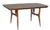 American Mid Century Modern Mahogany Dining Table, c. 1950, by Walter Wabash, the rounded edge top on cylindrical splayed tapered legs, with one leaf,