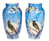 Pair of Victorian Hand Painted White Opaline Glass Baluster Vases, 19th c., with floral and bird painted sides, against a yellow moon back drop, on a 