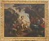 Oil on canvas Cuzco School Oil on canvas Cuzco School depicting allegorical scene with multiple figures, now in a gilt wood frame 
Approx site size 3