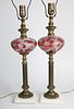 Pair of Tall Ruby Cut to Clear Kerosene Lamps, 19th Century