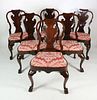 Set of Six Carved Mahogany Georgian Style Dining Chairs with Red Damask Upholstered Slip Seats