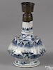 Chinese blue and white porcelain bottle, probably Ming dynasty, with a Turkish brass make-do spout