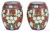 Pair of Chinese cloisonné barrel-form boxes and covers with foliate decoration, 6'' h.